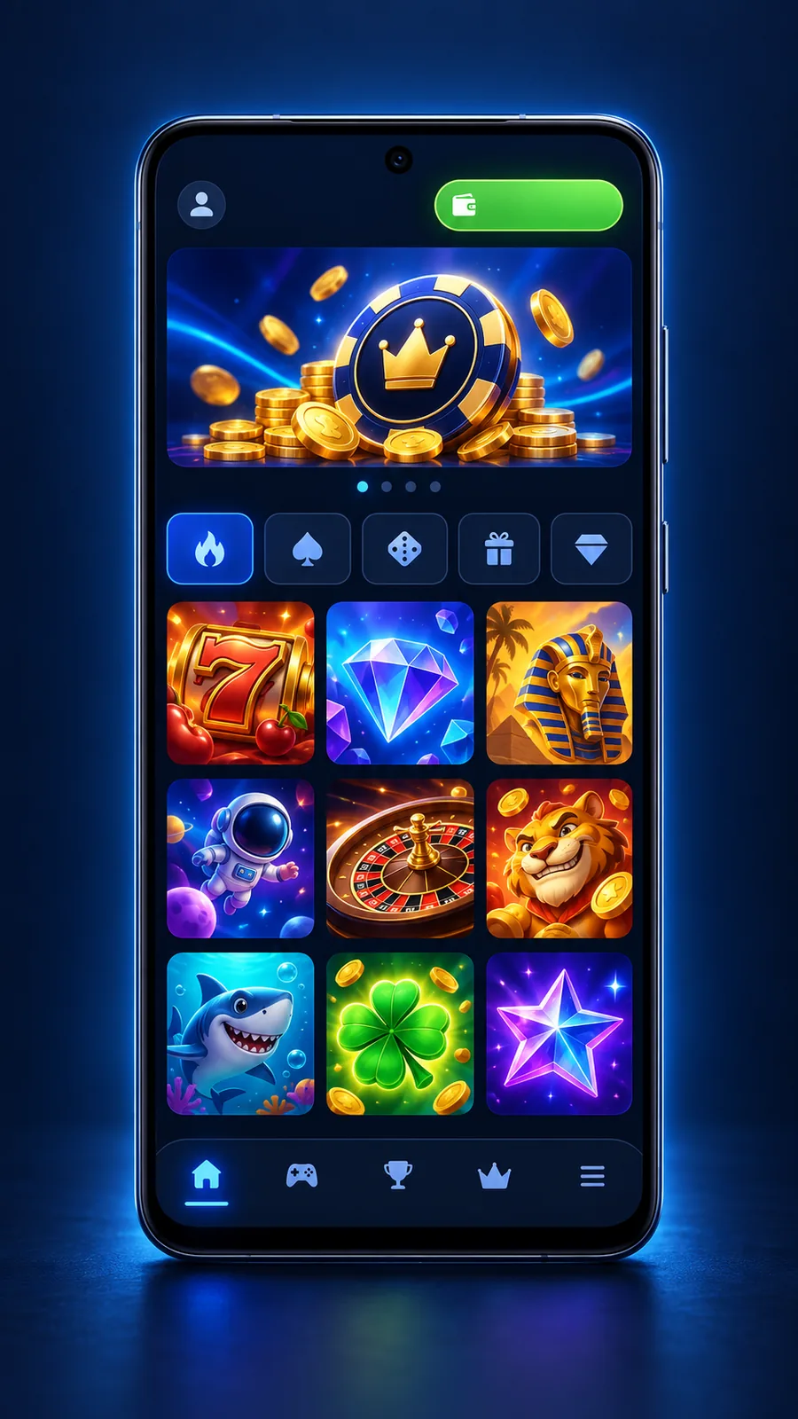 BC Game app home screen on an Android phone with game tiles and balance